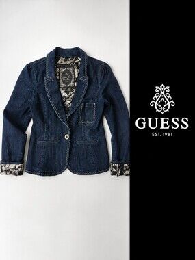 Guess Jeans Women’s M Denim Blazer Stretch Dark Wash Jean Jacket Printed Lining
